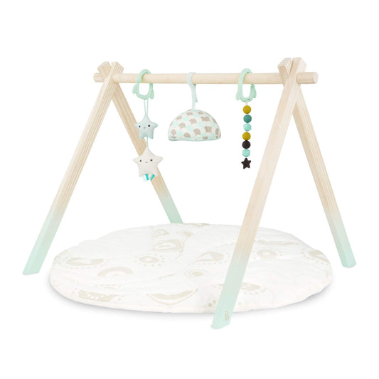 B. Toys – Wooden Baby Play Gym – Activity Mat – Starry Sky – 3 Hanging Sensory Toys – Natural Wood – Babies, Infants