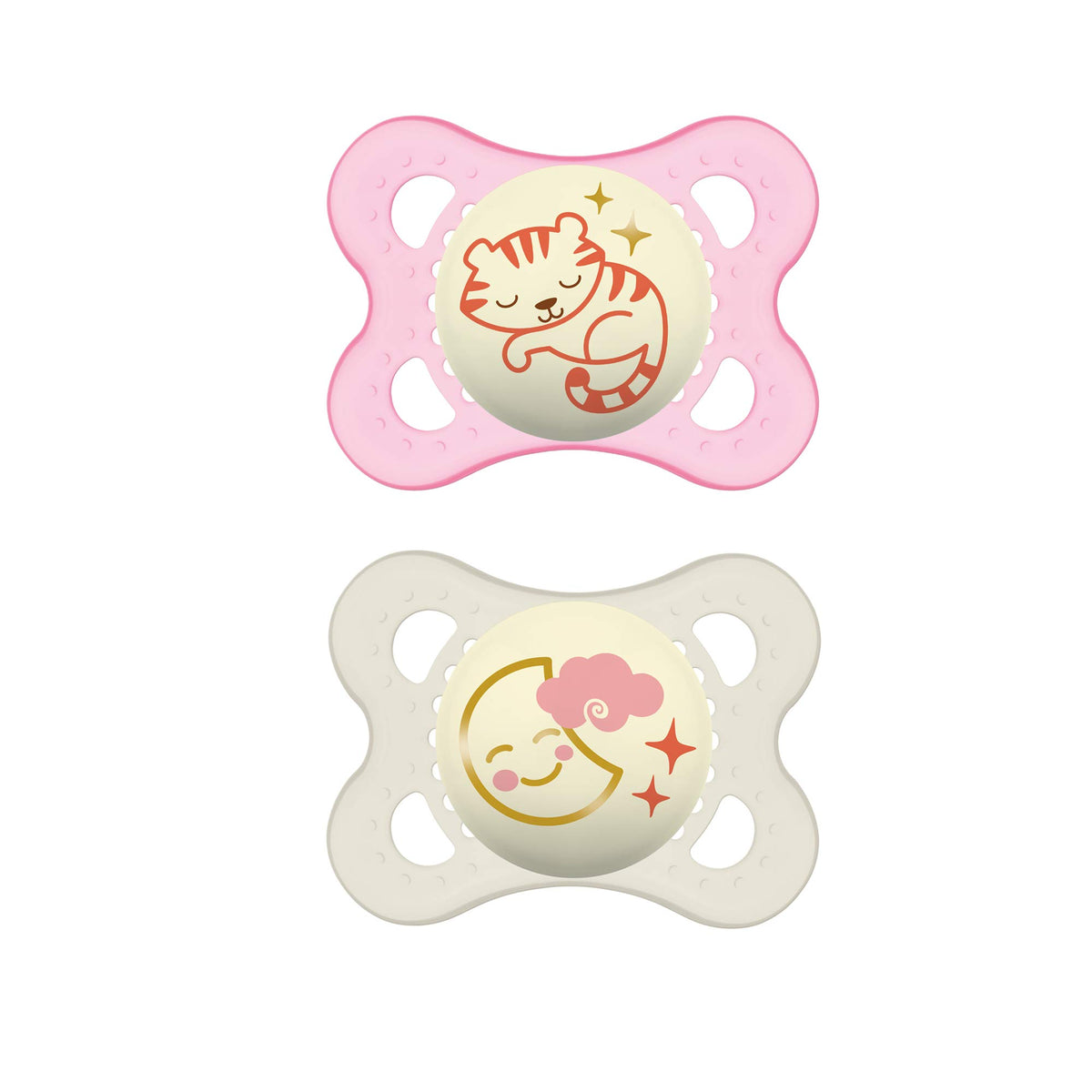 MAM Night Pacifier for 0-6 months (2 pack, 1 Sterilizing Pacifier Case), MAM Glow in the Dark Soother with a Soft Silicone Nipple, Baby Essentials, Designs May Vary