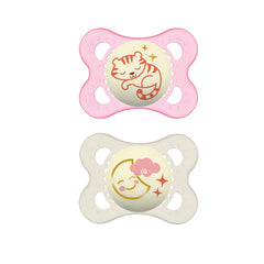 MAM Night Pacifier for 0-6 months (2 pack, 1 Sterilizing Pacifier Case), MAM Glow in the Dark Soother with a Soft Silicone Nipple, Baby Essentials, Designs May Vary