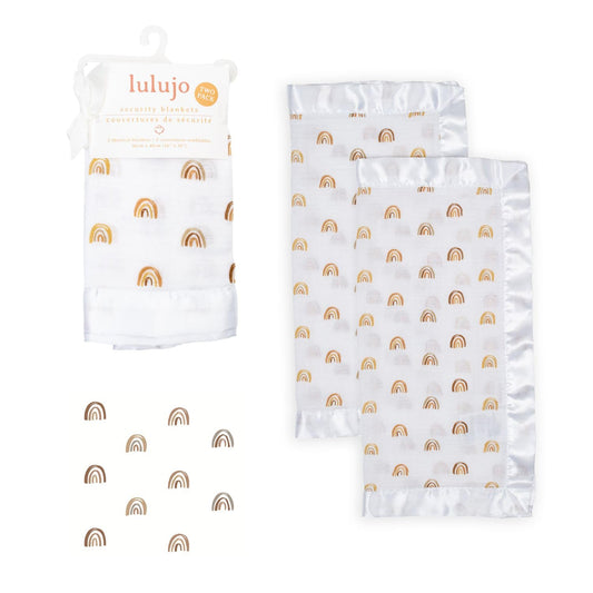 lulujo Baby Security Lovey Blankets| Unisex Softest Breathable Cotton Muslin Security Blanket with Silky Satin Trim| Neutral Comforting Blanket for Girls & Boys | 16in by 16 in| Rainbow