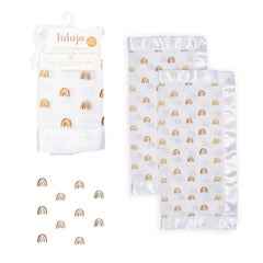 lulujo Baby Security Lovey Blankets| Unisex Softest Breathable Cotton Muslin Security Blanket with Silky Satin Trim| Neutral Comforting Blanket for Girls & Boys | 16in by 16 in| Rainbow