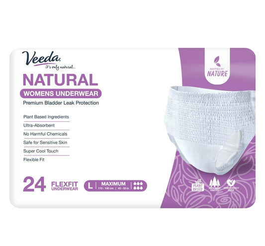 Veeda Natural Adult Incontinence Underwear for Women - Postpartum Underwear for Bladder Leakage Protection - Disposable Underwear with Maximum Absorbency - Large Size - 24 Count