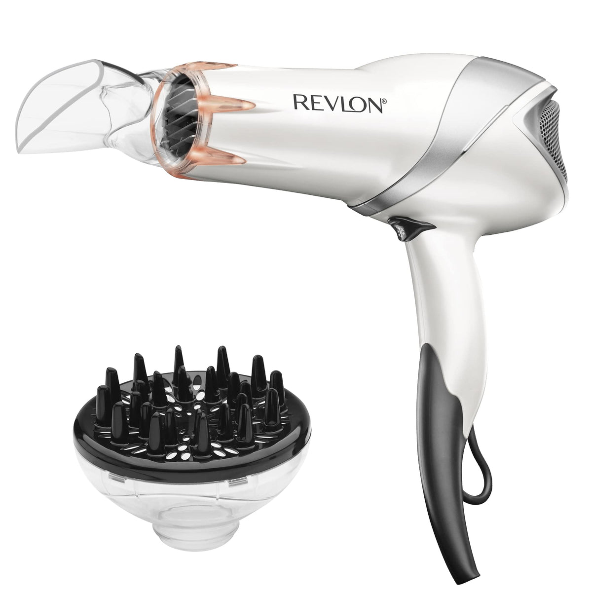 Revlon RVDR5105F Ionic Hair Dryer, Infrared Heat, Ceramic Hair Dryer, Multiple Heat Settings, Fast Dry, 1875 Watts, Concentrator and Diffuser, White