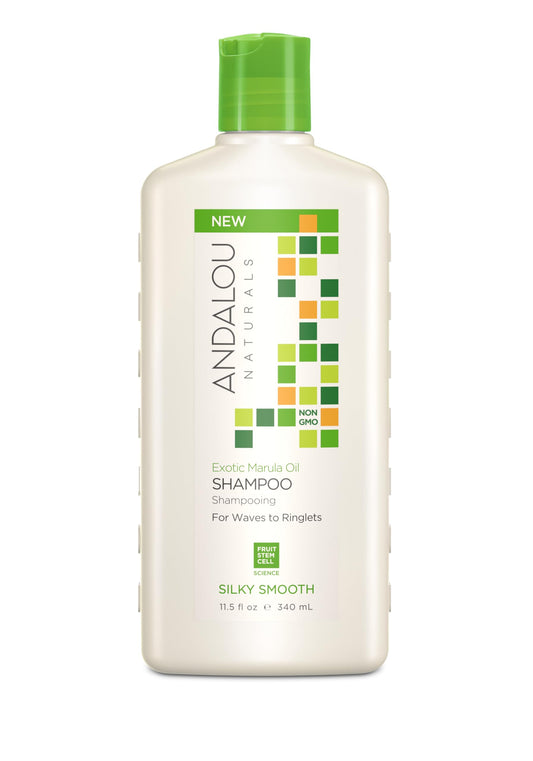 Andalou Naturals Exotic Marula Oil Silky Smooth Shampoo - Color Safe, Patented Fruit Stem Cell Complex Formula for Defiant, Curly, and Coarse Hair Types, 340 mL.