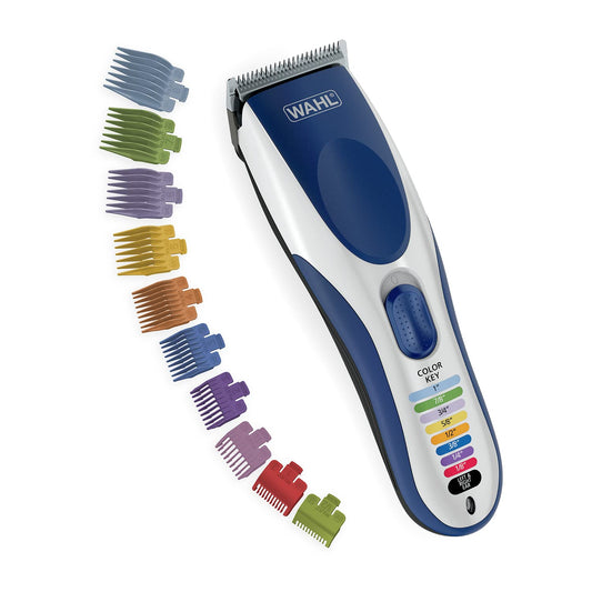 Wahl Clipper Color Pro Cordless Rechargeable Hair Clippers, Hair trimmers, 21 pieces Hair Cutting Kit, Color Coded guide combs For Men, Kids and Babies By The Brand used by Professionals. Blue