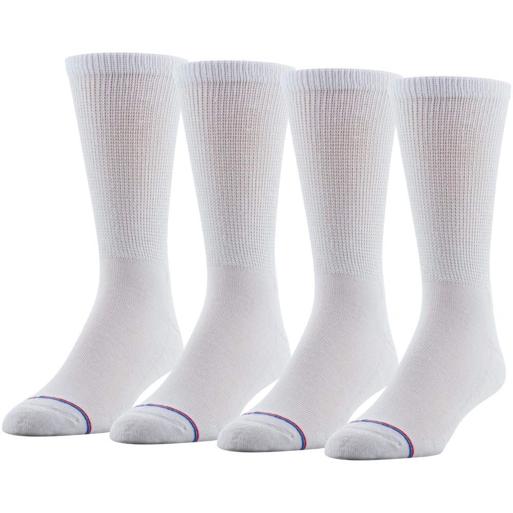 PEDS Women's Diabetic Crew Socks with Non-Binding Top and Cushion Sole 4 Pairs, White, 7-10