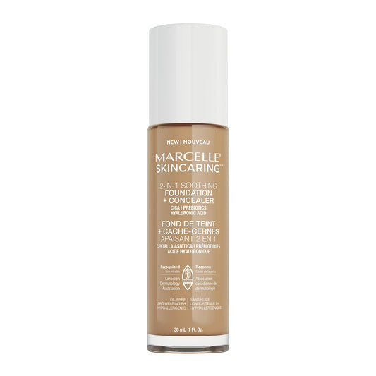Marcelle Skincaring 2-in-1 Soothing Foundation + Concealer, Natural Beige, with Hyaluronic Acid, Medium Coverage, Matte Finish, Oil-Free, Cruelty-Free, Fragrance-Free, Hypoallergenic, 30 mL