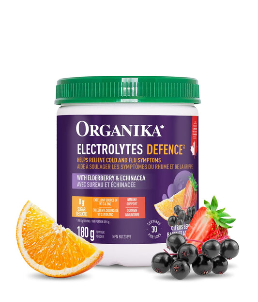 Organika Canadian-Made Electrolytes Defence - Daily Hydration Powder for Immune Support with Elderberry, Echinacea and Zinc, Natural Citrus Berry Flavour, 180 g, 30 Servings,