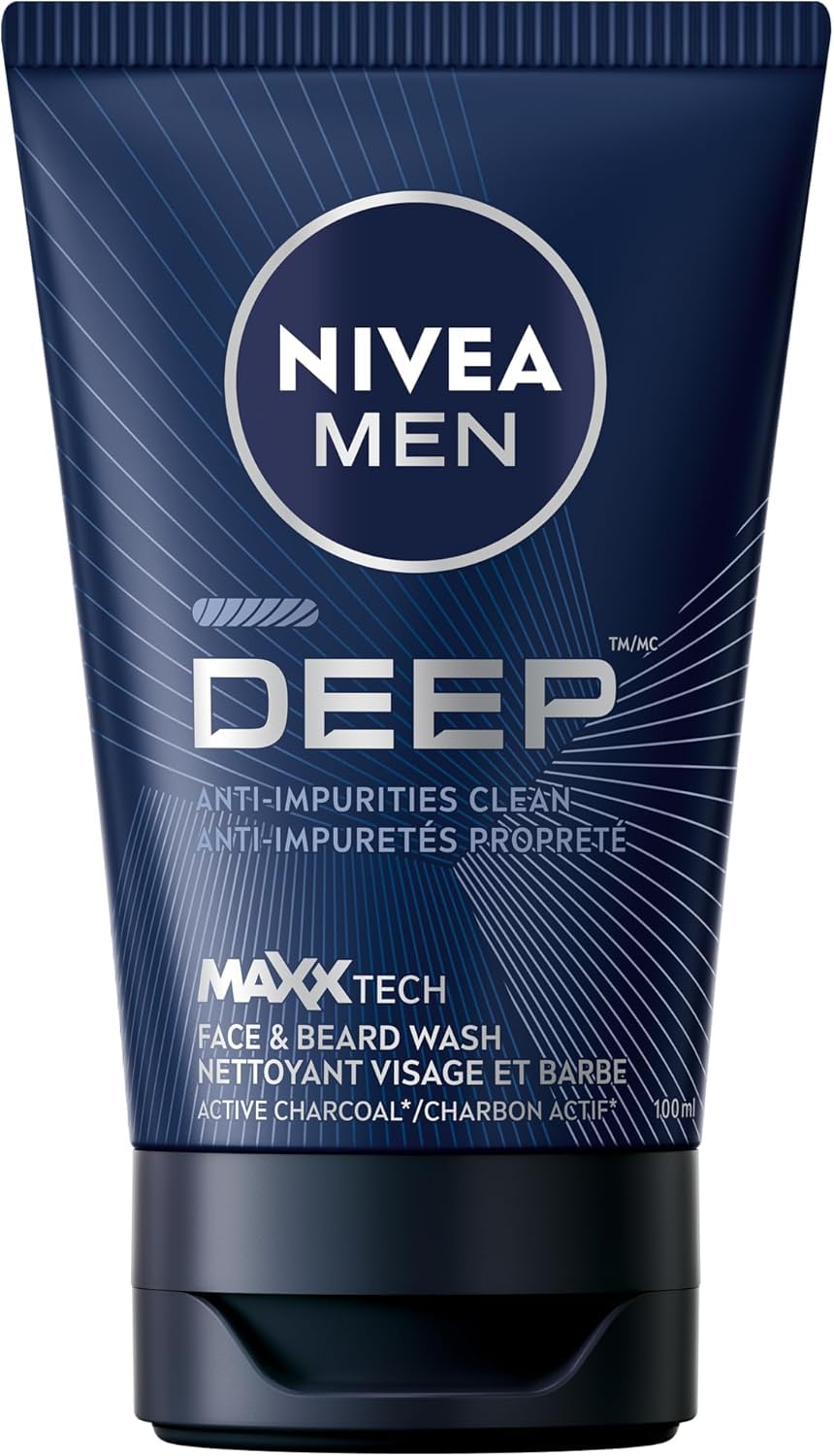 NIVEA MEN Deep Face & Beard Wash, Anti-Impurities Clean Charcoal Face Wash Powered by MAXXTECH with Black Carbon, Deeply Cleanses, Instantly Less Visible Oily Skin, Dark Wood Scent, 100mL