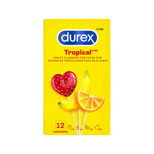 DUREX Tropical Fruity Flavoured Condoms for Extra Fun, 4 Assorted Fruit Flavours and Colours, Extra Lubricated Latex Condoms, Large Fit 53mm Nominal Width, 12 Count