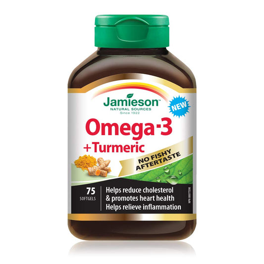 Jamieson Omega-3 + Turmeric Softgels, No Fishy Aftertaste, Supports Heart, Brain, and Joint Health. Fish Oil, Reduces Cholesterol and Inflammation, with EPA and DHA, Gluten-Free, 75 Count, Proudly Canadian