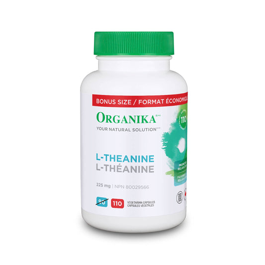 Organika Canadian-Made L-Theanine Bonus Size 225mg-Relaxation Promotion Without Drowsiness, Stress Support, Pure Natural Source, Fast Acting- 110caps