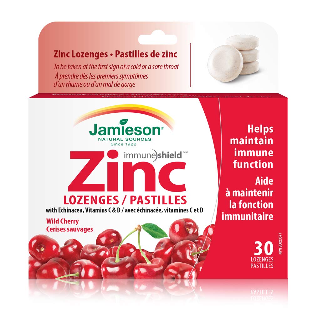Jamieson Zinc Lozenges Wild Cherry Flavour, with Echinacea, Vitamin C and Vitamin D3, Soothes Sore Throat, and Provides Cold and Flu Symptom Relief. Gluten-Free, No Artificial Colours, Flavours or Preservatives, 30 Count, Proudly Canadian