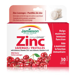 Jamieson Zinc Lozenges Wild Cherry Flavour, with Echinacea, Vitamin C and Vitamin D3, Soothes Sore Throat, and Provides Cold and Flu Symptom Relief. Gluten-Free, No Artificial Colours, Flavours or Preservatives, 30 Count, Proudly Canadian