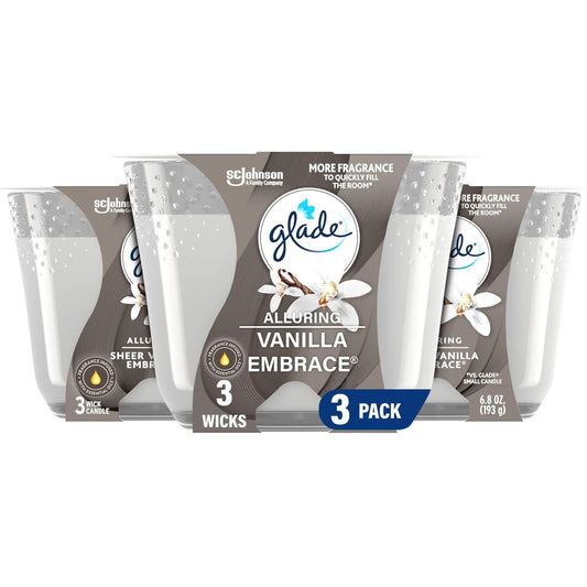 Glade Sheer Vanilla Embrace 3-Wick Fragrance Candle, Essential Oil Infused, Air Freshener, 6.8 Oz, 3 Count