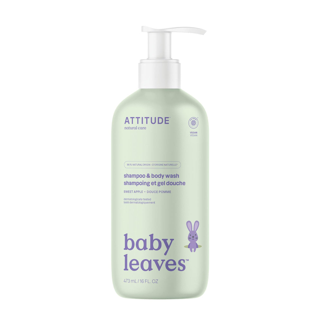 ATTITUDE Baby 2-in-1 Shampoo & Body Wash, EWG Verified, Dermatologically Tested, Vegan, Sweet Apple Scent, 16 Fl Oz