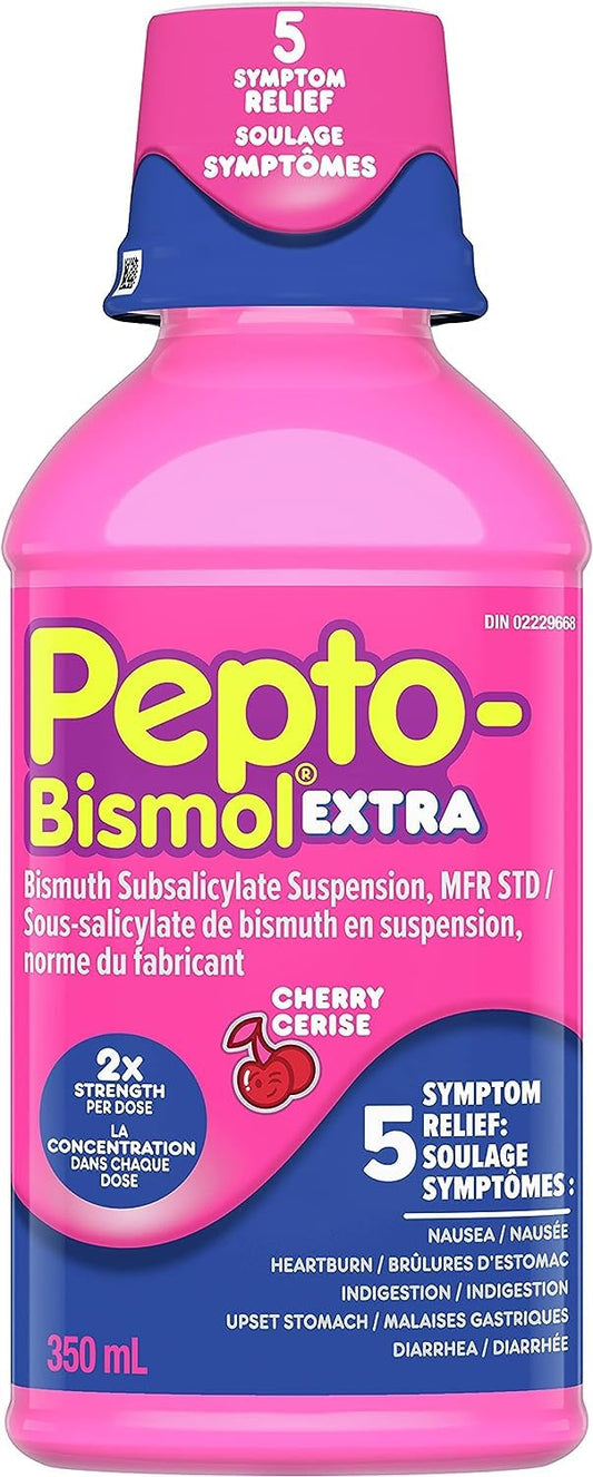 Pepto Bismol Extra Strength Liquid, 2X Concentrated Formula, Upset Stomach Relief, Diarrhea Relief, Heartburn, Nausea, Indigestion, Upset Stomach, Cherry Flavour, 12oz /350mL