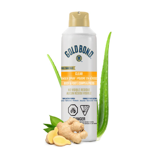 Gold Bond Clear Body Powder Spray, 198g Spray Bottle, No-Mess, Talc-Free Odour Eliminator and Moisture Absorbing Powder With Aloe and Ginger Extract that Refreshes, Protects and Absorbs, Clean Scent