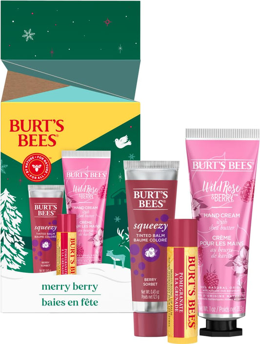 Burt’s Bees Merry Berry Holiday Gift Set with Pomegranate Moisturizing Lip Balm, Berry Sorbet Squeezy Tinted Balm and Wild Rose and Berry Hand Cream, Christmas Gifts, Stocking Stuffer