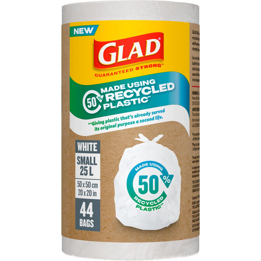 Glad White Garbage Bags - Small 25 Litres - Made using 50% Recycled Plastic, 44 Trash Bags