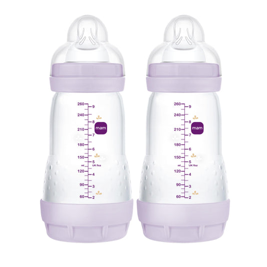 MAM 9oz Easy Start Anti-Colic+ Wide Neck Vented Baby Bottle, Medium Flow Breastfeeding-Like Nipple, Reduces Colic Gas & Reflux, Easy To Clean, BPA Free, 2+ Months, Made In Europe, 2 Pack, Girl