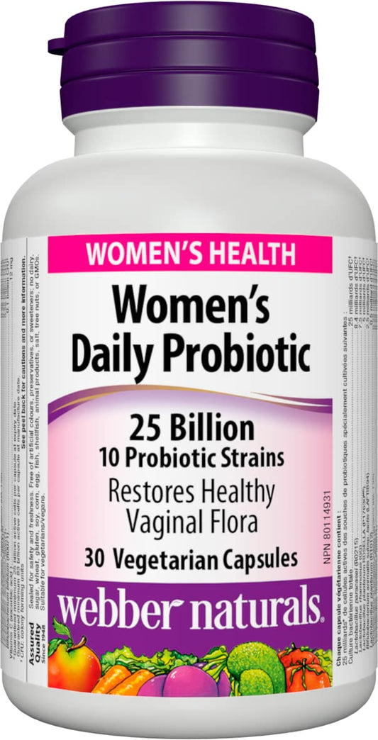 Webber Naturals Probiotic Women’s Daily, 25 Billion Active Cells, 10 Probiotic Strains, 30 Capsules, Helps Restore Healthy Vaginal Flora, Vegan