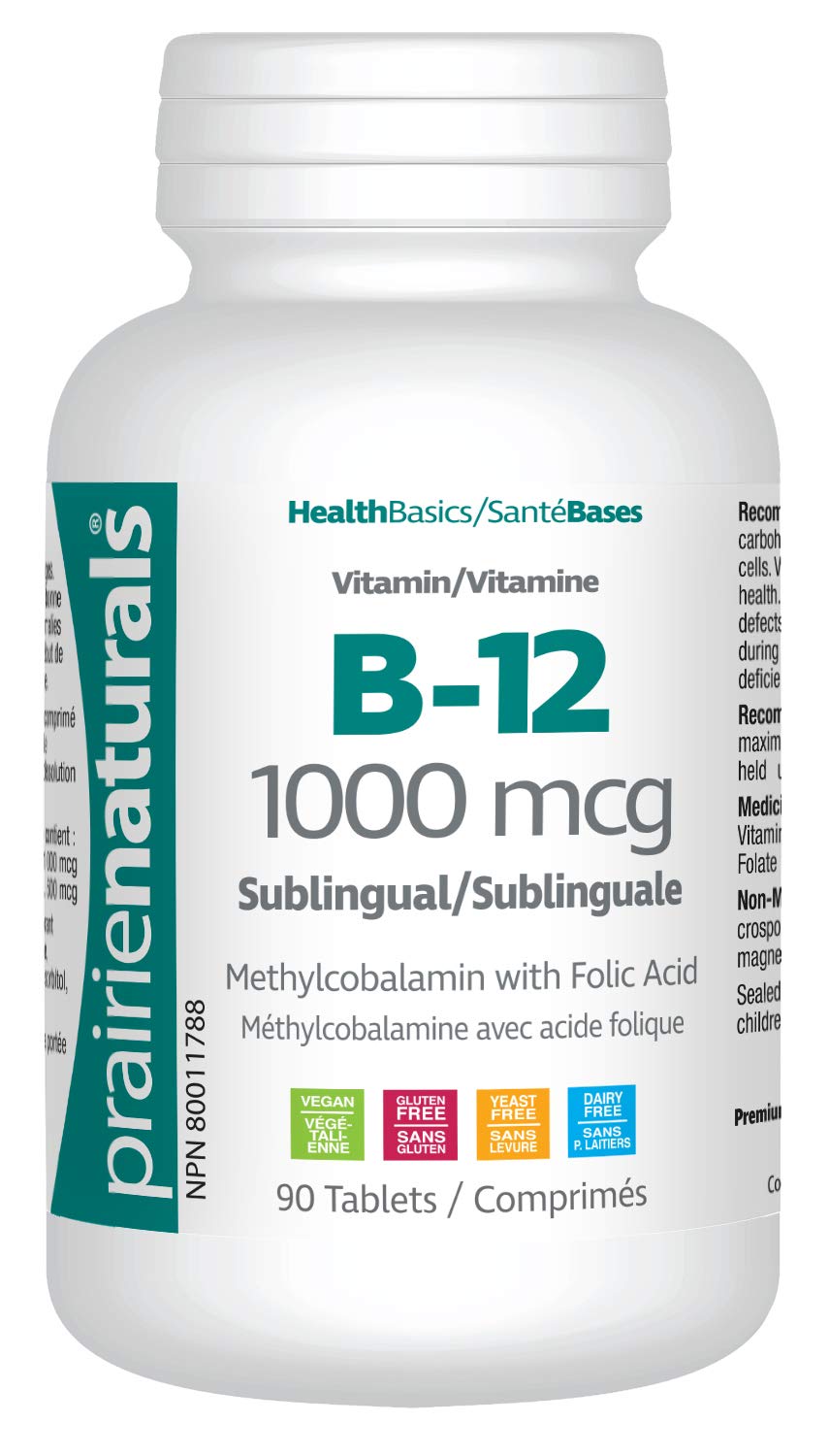 Prairie Naturals Sublingual B12 Methylcobalamin 1000mcg with Folic Acid helps to reduce the risk of neutral tube defects, helps the body to metabolize proteins, forms red blood cells, prevents folate deficiency and Vitamin B12 deficiency - 90 Count