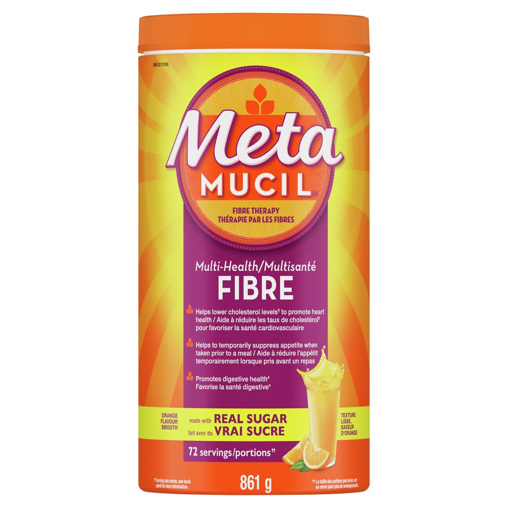 Metamucil, Daily Psyllium Husk Powder Supplement, Real Sugar, 3-in-1 Fibre for Digestive Health, Orange Smooth Flavored Drink, 72 Servings
