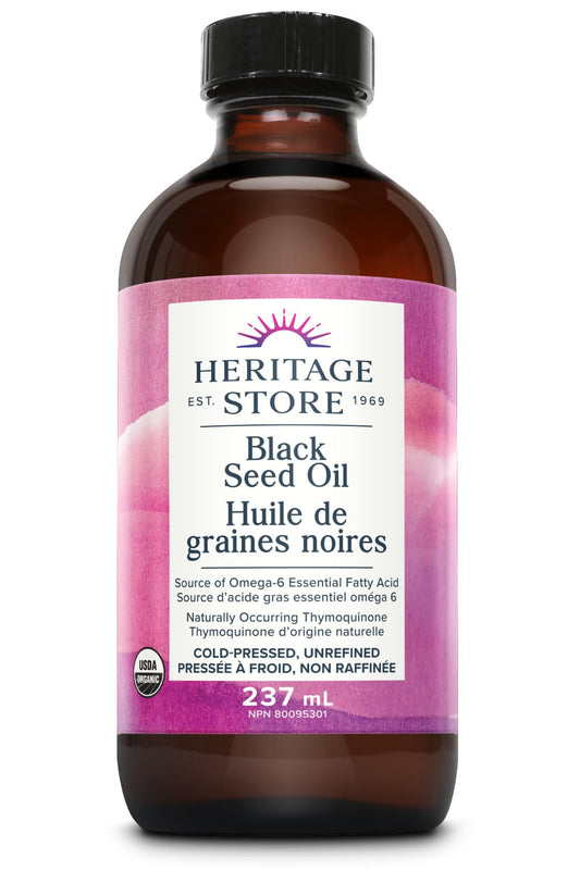 Heritage Store Organic Black Seed Oil, Cold Pressed, Pure Virgin | Huile de graines noires, Pressée à froid, non raffinée | 240mL