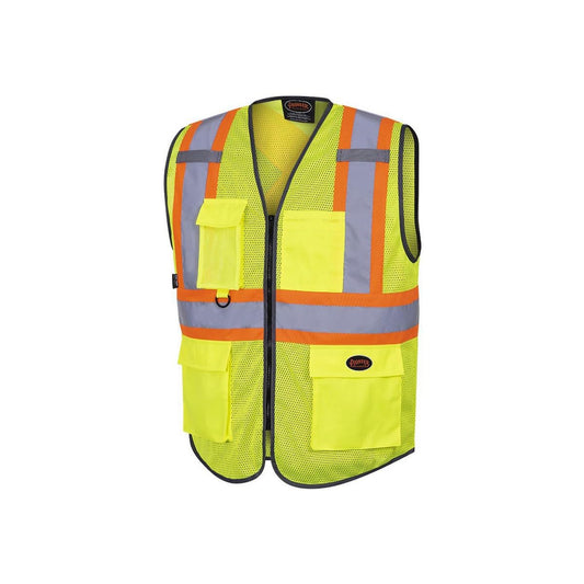 Pioneer Hi Vis Traffic Mesh Safety Vest for Men - Breathable - High Visibility Reflective Tape - 9 Pockets - Class 2 - Yellow - X-Small