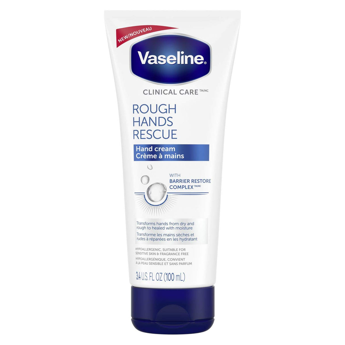 Vaseline Clinical Care hand Cream for Sensitive and Dry Hands Rough Hands Rescue Hypoallergenic 100 Ml, 100 Milliliters