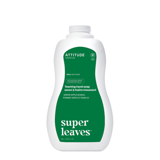 ATTITUDE Foaming Hand Soap, Made in Canada, EWG Verified, Plant and Mineral-Based Ingredients, Vegan and Cruelty-free Personal Case Products, Bulk Refill, Green Apple and Basil, 1.04 Liters