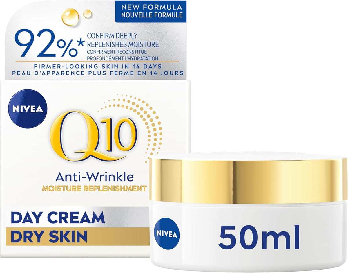 NIVEA Q10 Power Anti-Wrinkle Moisture Replenishment Day Face Cream, Anti Wrinkle Firming Cream, Q10 and Argan Oil, Face Moisturizer for Dry to Very Dry Skin, Visibly Reduces the Look of Wrinkles, 50mL