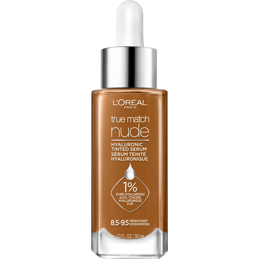 L’Oréal Paris True Match Nude Hyaluronic Tinted Serum Foundation, Tinted Face Serum Foundation Makeup with Hyaluronic Acid for Lightweight Coverage and Instant Hydration, Radiant Finish - Medium Deep, 30 mL