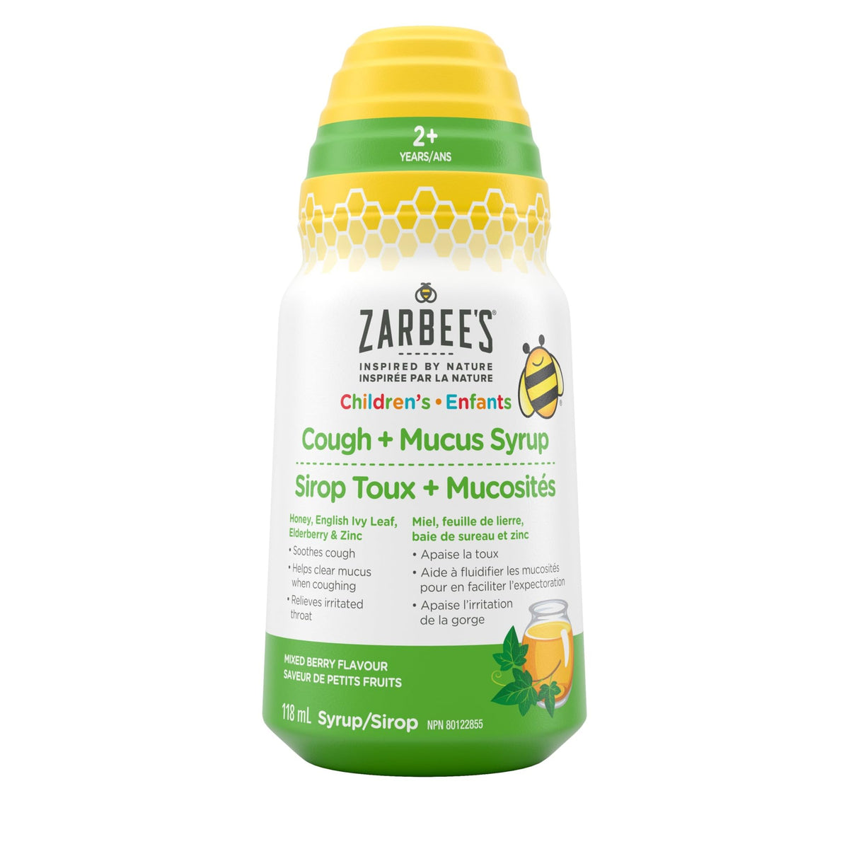 Zarbee's Children's Cough + Mucus Syrup, Zinc, Honey, Elderberry, English Ivy Leaf, Immune System, Mixed Berry Flavour, 118 mL