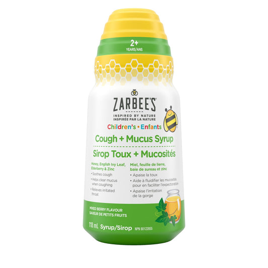 Zarbee's Children's Cough + Mucus Syrup, Zinc, Honey, Elderberry, English Ivy Leaf, Immune System, Mixed Berry Flavour, 118 mL