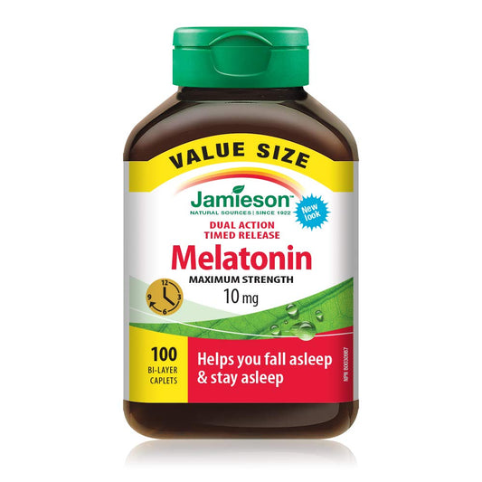 Jamieson Melatonin 10 mg Maximum Strength, Dual-Action Timed Released, Improves Sleep Quality and Duration, Helps Reset the Body's Sleep-Wake Cycle. Vegetarian, Gluten-Free, 100 Bi-Layer Caplets, Proudly Canadian