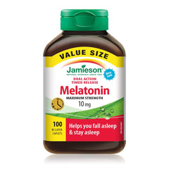 Jamieson Melatonin 10 mg Maximum Strength, Dual-Action Timed Released, Improves Sleep Quality and Duration, Helps Reset the Body's Sleep-Wake Cycle. Vegetarian, Gluten-Free, 100 Bi-Layer Caplets, Proudly Canadian