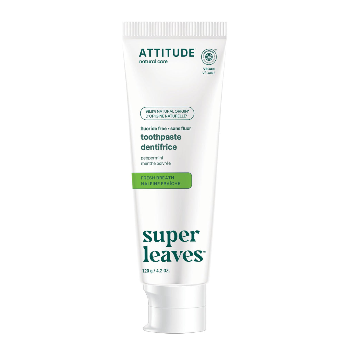 ATTITUDE Fluoride-Free Fresh Breath Toothpaste, Peppermint Flavor, EWG Verified, Vegan, Sugar-Free, Plant & Mineral-Based Ingredients, Clean Oral Care, 120 grams