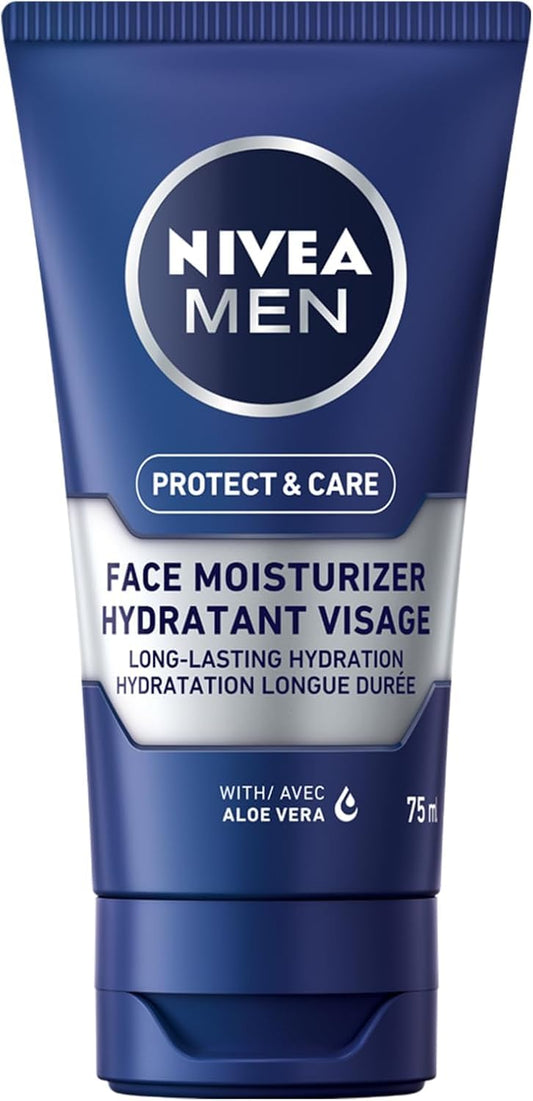 NIVEA MEN Protect & Care Face Moisturizer for Dry Skin, Men's Face Lotion with Aloe Vera, Non-Greasy, Fast-Absorbing Men's Moisturizer for Face, 24H Hydration, Dermatologically-Tested Skin Care, 75mL