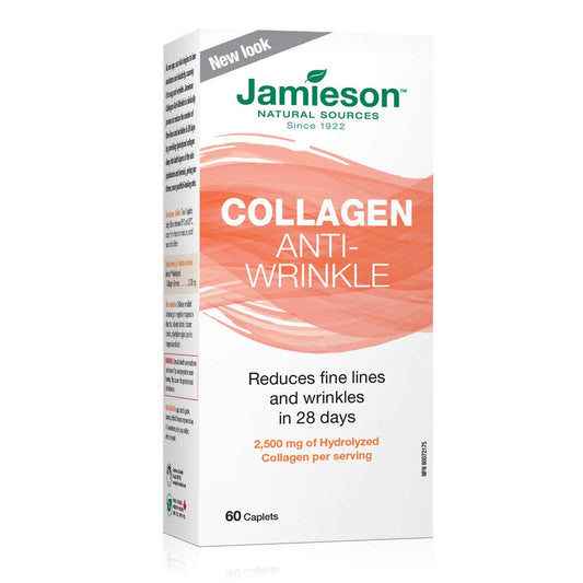 Jamieson Anti-Wrinkle Hydrolyzed Verisol Collagen 2,500 mg, Clinically Studied, Reduce Fine Lines & Wrinkles in 28 Days, and Improves Skin Elasticity. Non-GMO, Gluten-Free, 60 Caplets, Proudly Canadian