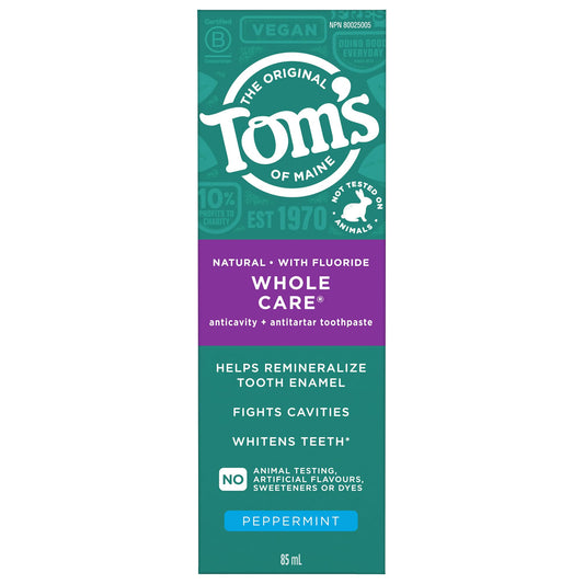 Tom's of Maine Whole Care Fluoride Natural Toothpaste, Peppermint, 85 mL