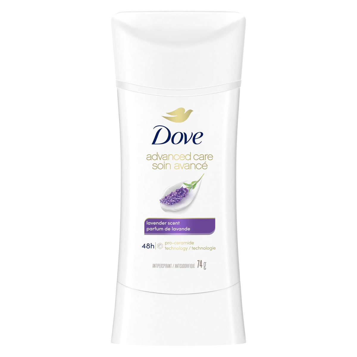 Dove Advanced Care Lavender Scent Antiperspirant Deodorant for Women with Pro-Ceramide Technology for Soft, Resilient Skin, 74g