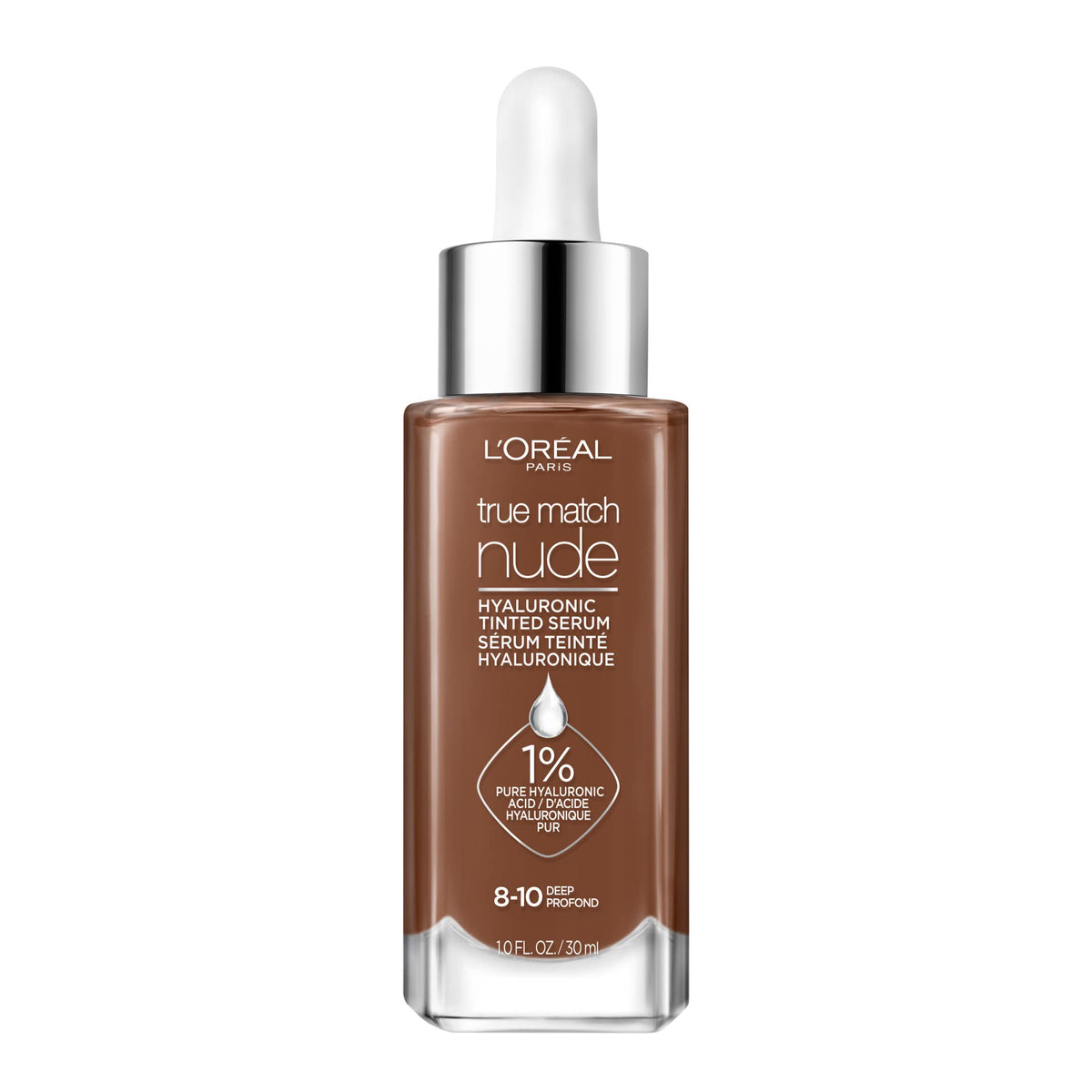 L’Oréal Paris True Match Nude Hyaluronic Tinted Serum, Tinted Face Serum Foundation with Hyaluronic Acid for Lightweight Coverage and Instant Hydration, Radiant Finish - Deep, 30 mL