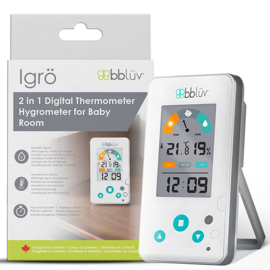 bblüv Igrö 2-in-1 - Indoor Digital Thermometer and Hygrometer - Humidity meter for Baby room with Alarm - Portable, User-Friendly - Ideal for Nursery, Home, or Travel