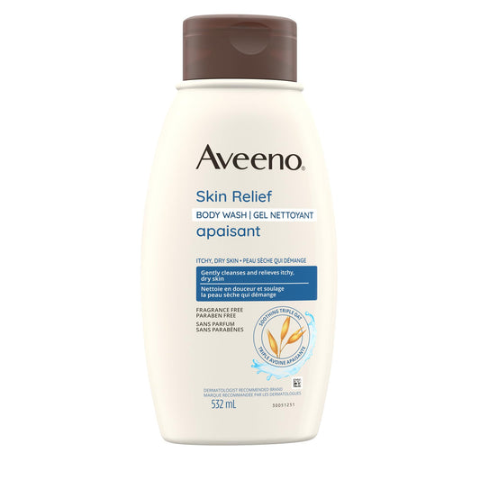 Aveeno Skin Relief Body Wash, Fragrance-Free with Triple Oat Formula, Gentle Daily Cleanser for Sensitive Skin Leaves Itchy, Dry Skin Feeling Soothed & Moisturized, Soap-Free, 532 mL