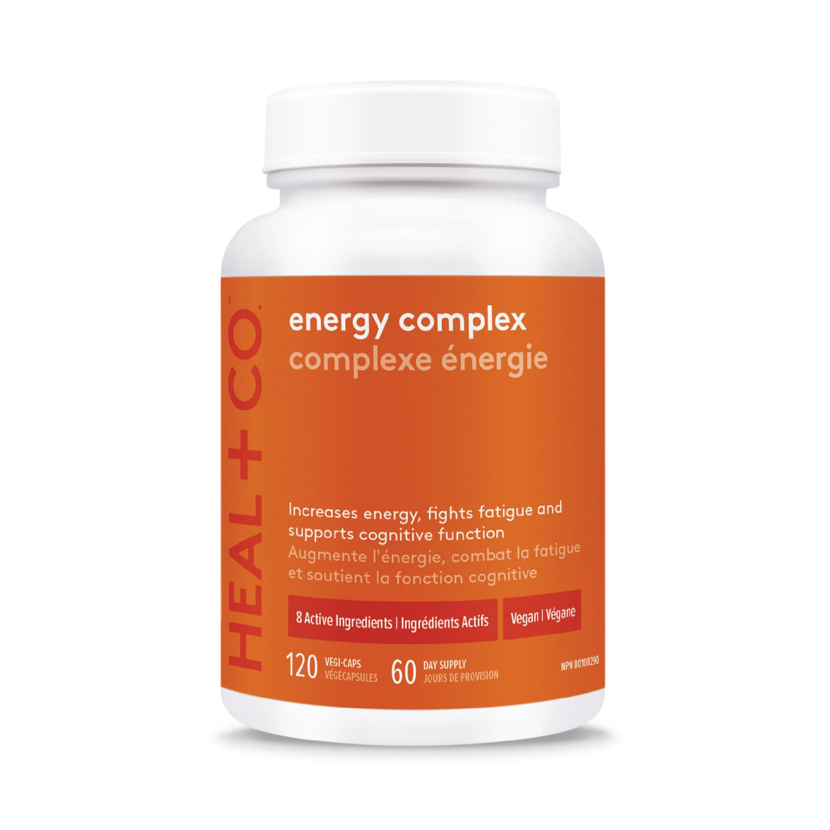 HEAL + CO. Energy Complex – 8 Active Ingredients with Ashwagandha, Rhodiola & B Vitamins – Increases Energy & Fights Fatigue – 120 Vegan Capsules