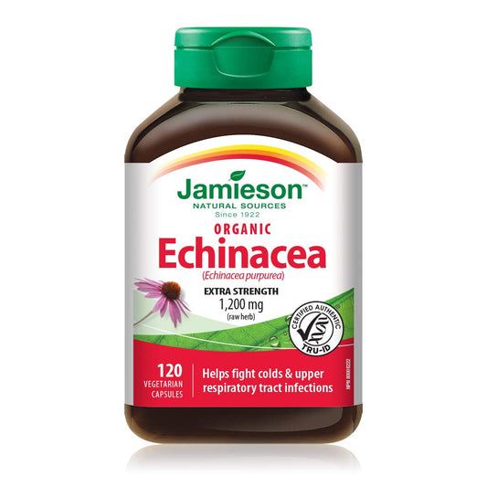 Jamieson Organic Echinacea 1,200 mg Vegetarian Capsules, Extra Strength, Provides Support Against Colds, and Upper Respiratory Tract Infections. With Echinacea pupurea, Non-GMO, Gluten-Free, 120 Count, Proudly Canadian