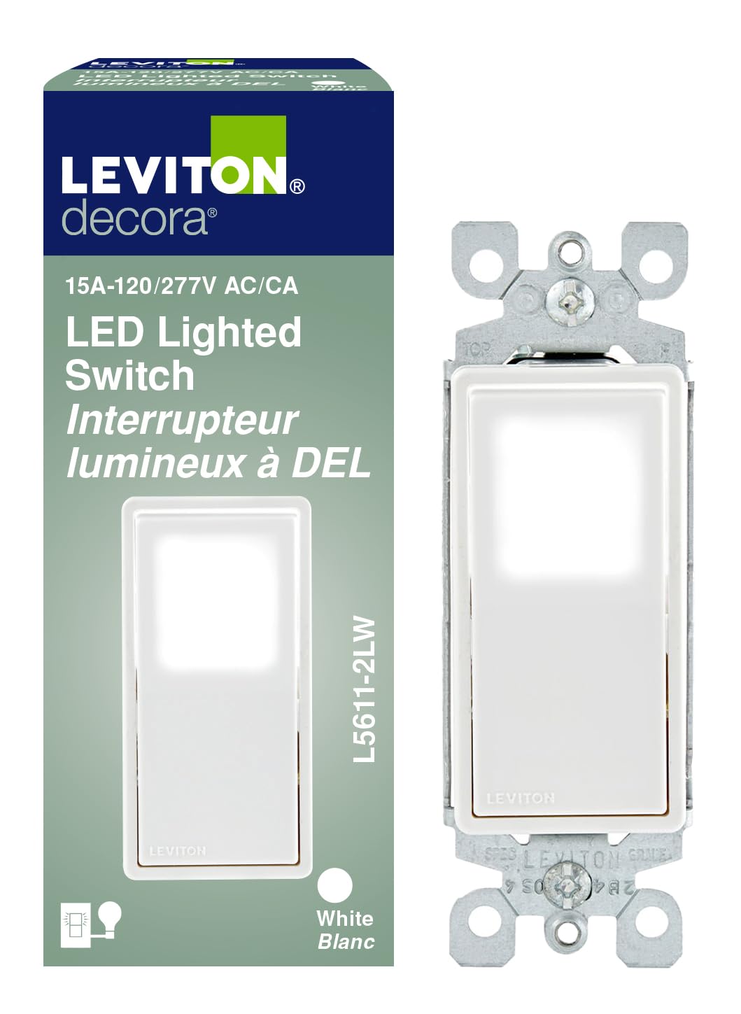 Leviton Decora Illuminated Switch, Single Pole, L5611-2LW, White