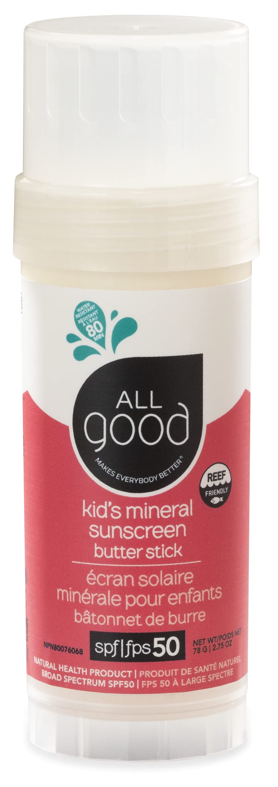 All Good Baby & Kids Mineral Sunscreen Butter Stick for Face, Nose, Ears - UVA/UVB Broad Spectrum SPF 50, Coral Reef Friendly, Water Resistant, Zinc Oxide, Coconut Oil, Beeswax, Vitamin E (2.75 oz)